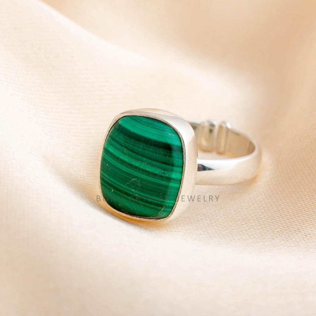 Adjustable Malachite Sterling Silver Ring: Boho Gemstone Jewelry