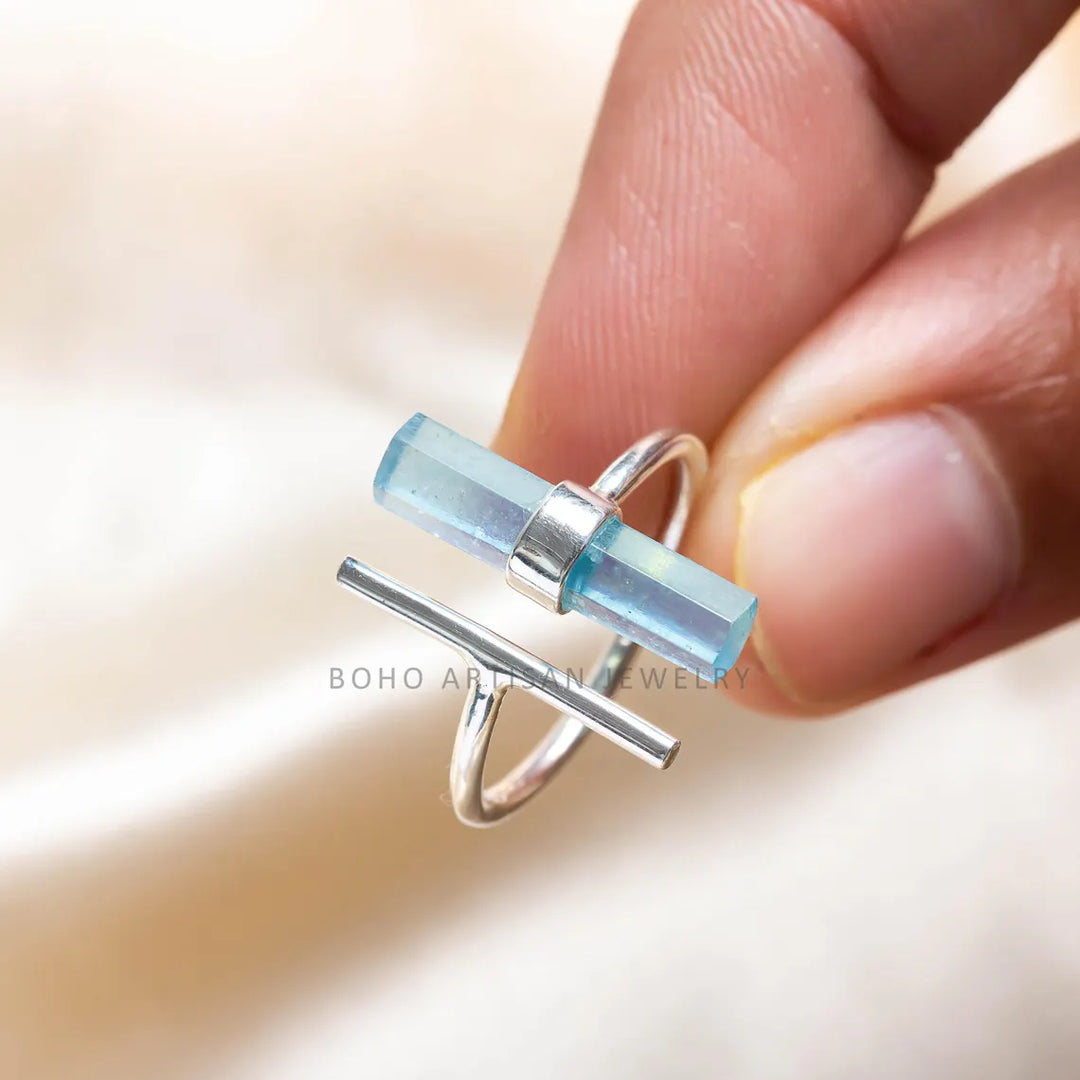Raw Aquamarine Bar Ring: 925 Sterling Silver Adjustable Band