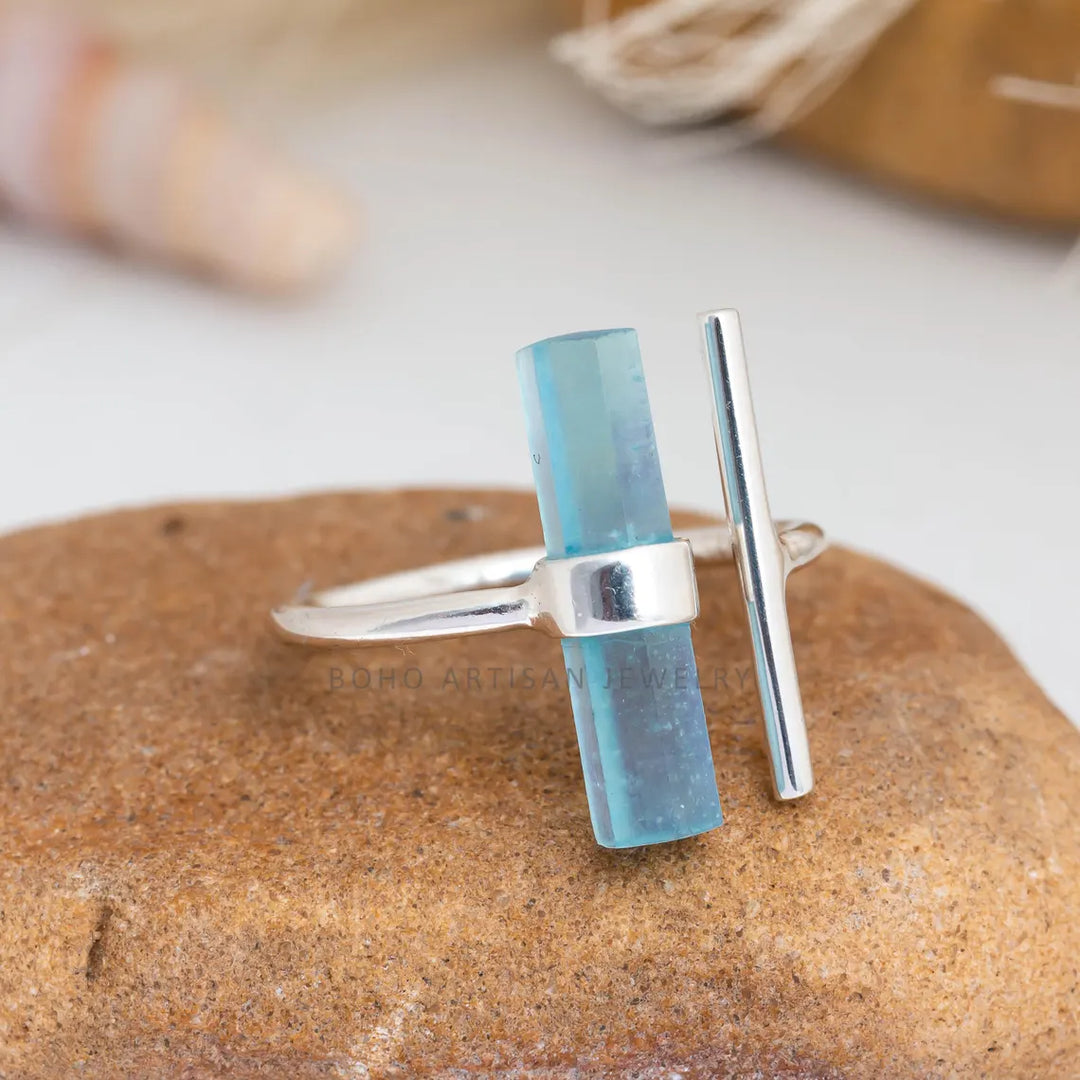 Raw Aquamarine Bar Ring: 925 Sterling Silver Adjustable Band