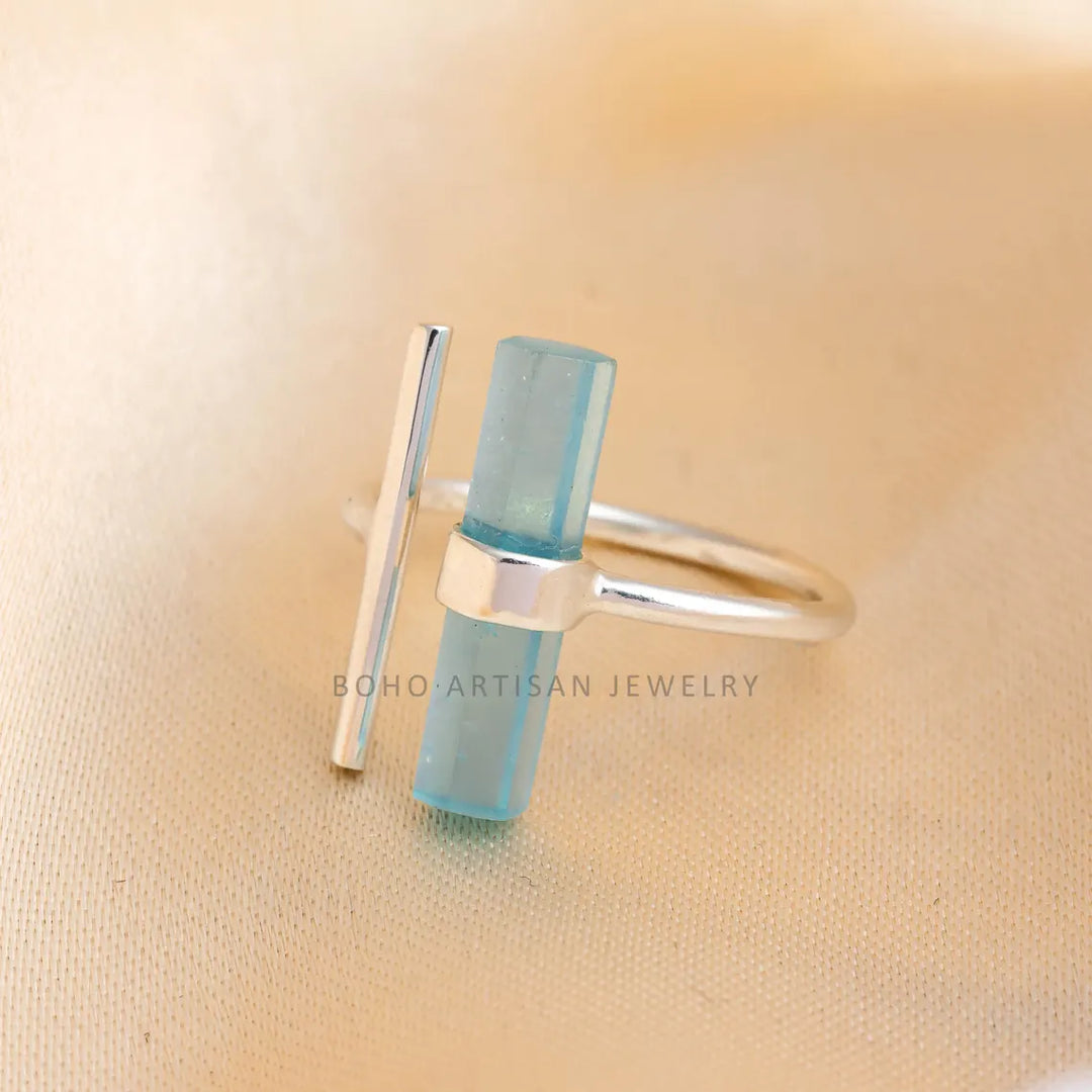 Raw Aquamarine Bar Ring: 925 Sterling Silver Adjustable Band