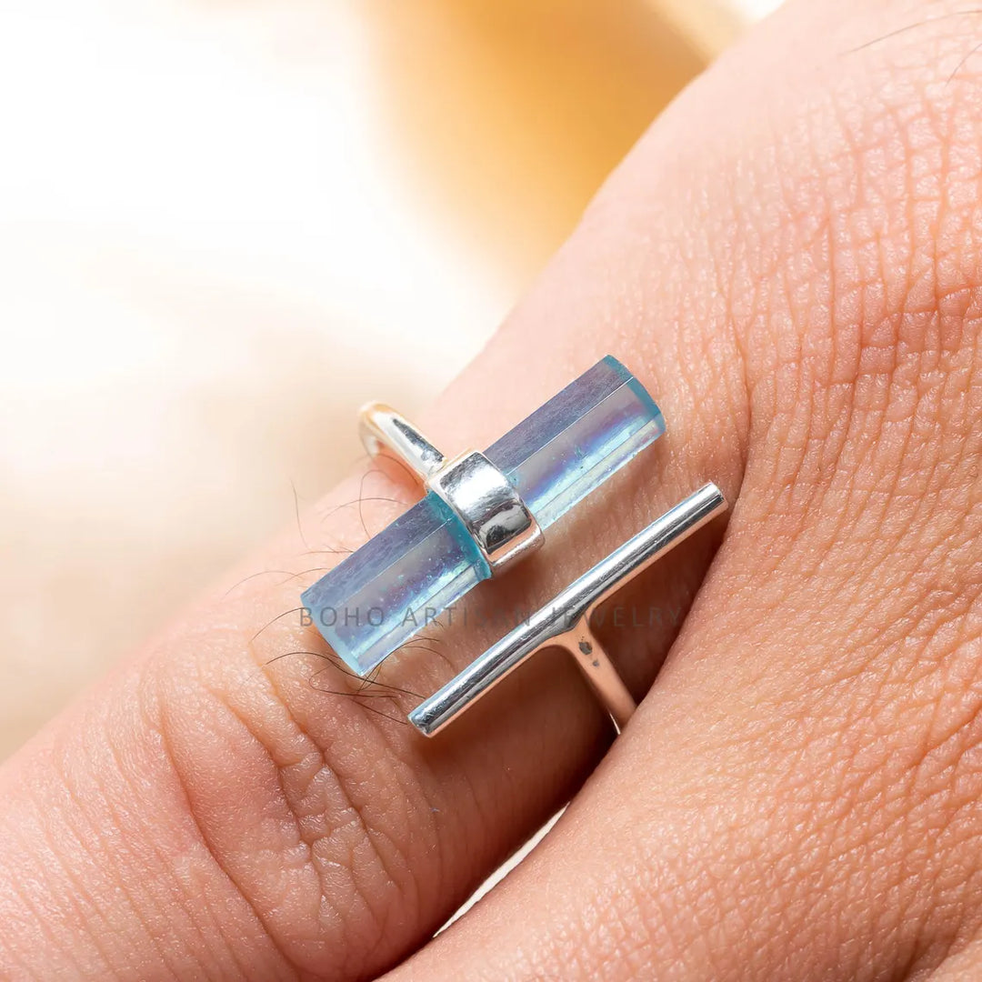 Raw Aquamarine Bar Ring: 925 Sterling Silver Adjustable Band