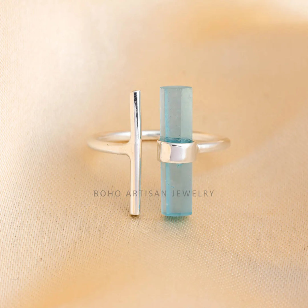 Raw Aquamarine Bar Ring: 925 Sterling Silver Adjustable Band
