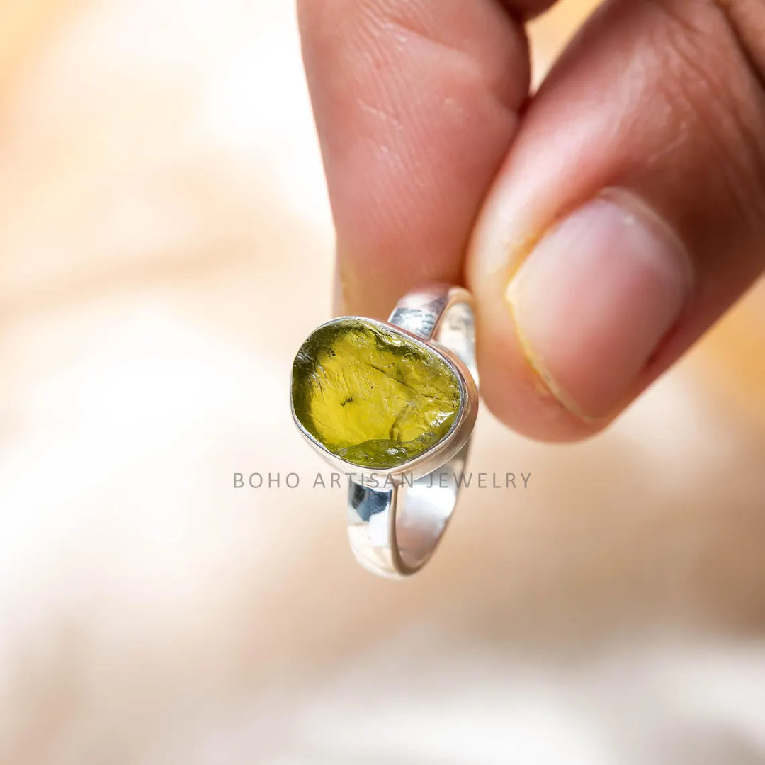 Raw Peridot Ring: 925 Sterling Silver, Boho Statement Jewelry