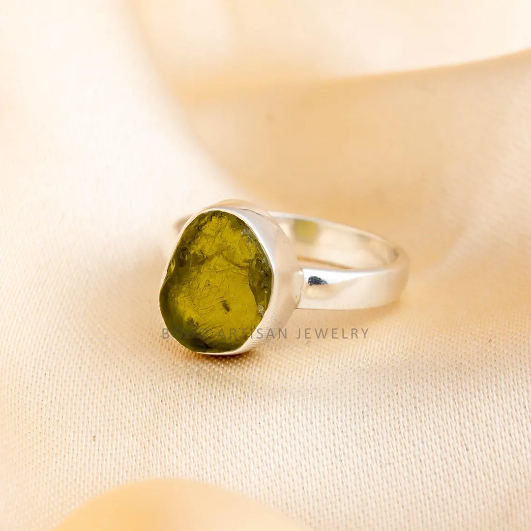 Raw Peridot Ring: 925 Sterling Silver, Boho Statement Jewelry