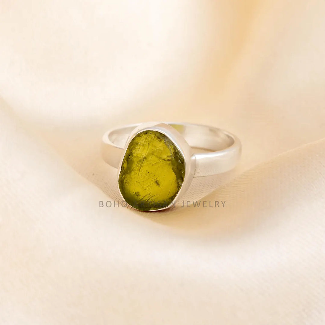 Raw Peridot Ring: 925 Sterling Silver, Boho Statement Jewelry