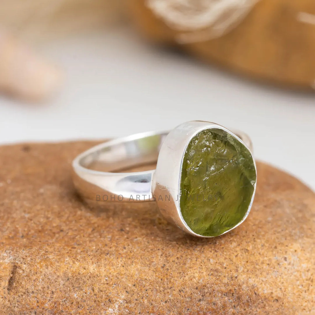 Raw Peridot Ring: 925 Sterling Silver, Boho Statement Jewelry