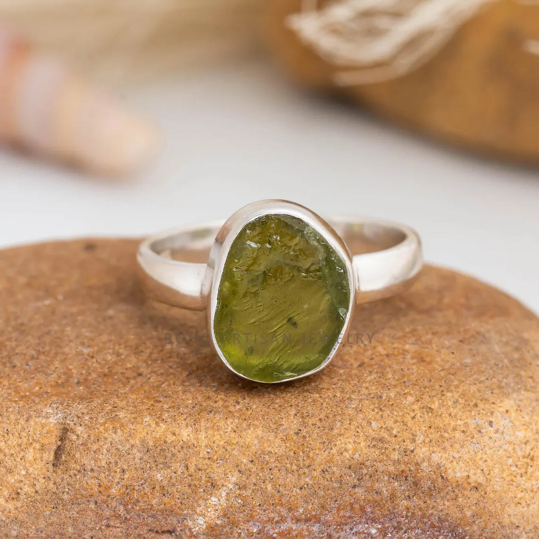 Raw Peridot Ring: 925 Sterling Silver, Boho Statement Jewelry