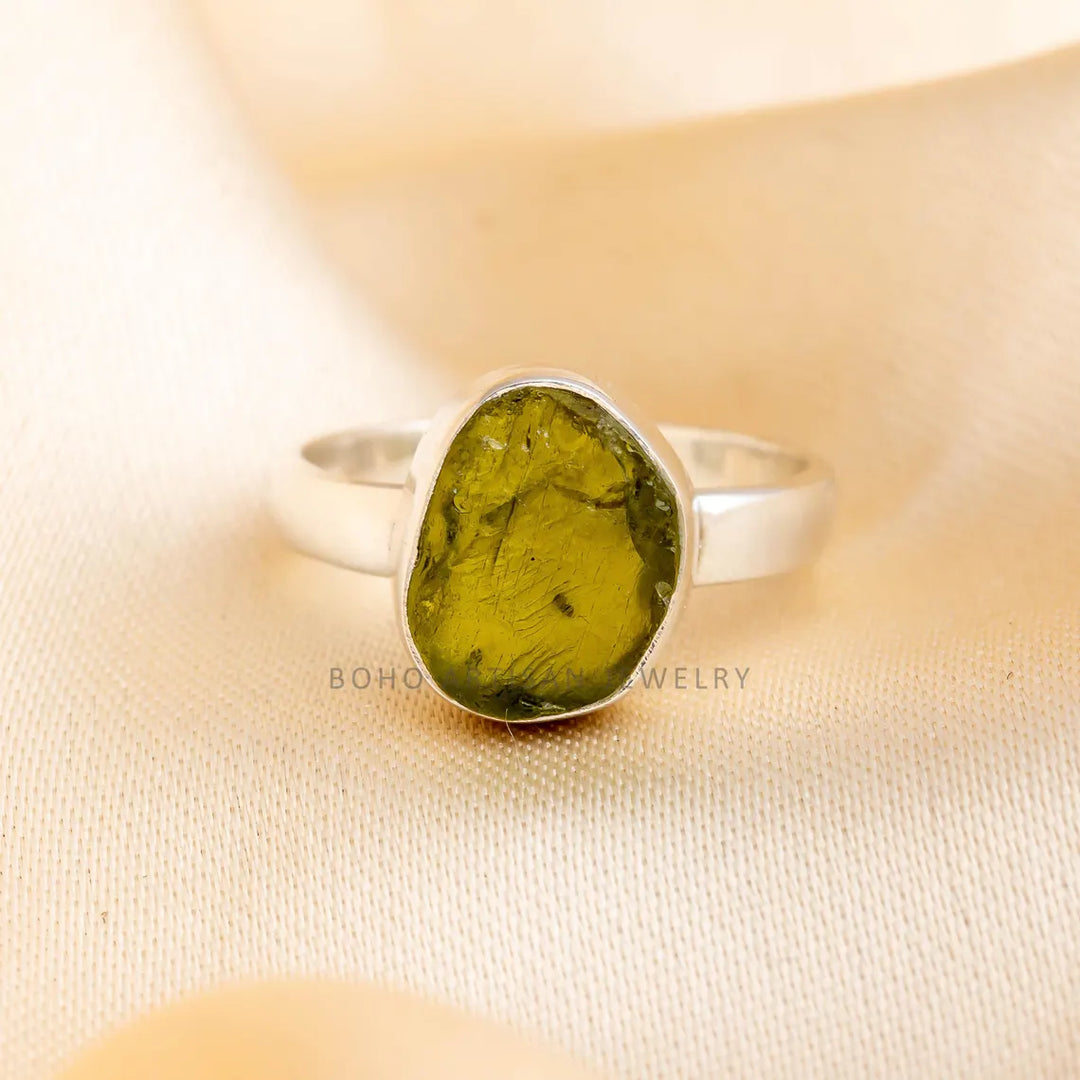 Raw Peridot Ring: 925 Sterling Silver, Boho Statement Jewelry