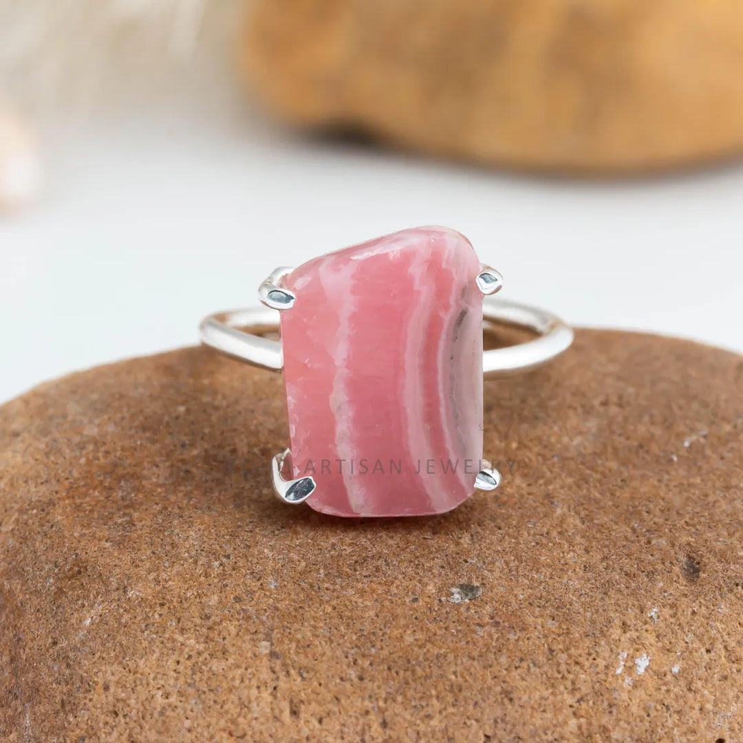 Adjustable Rhodochrosite Ring: 925 Sterling Silver Boho Jewelry