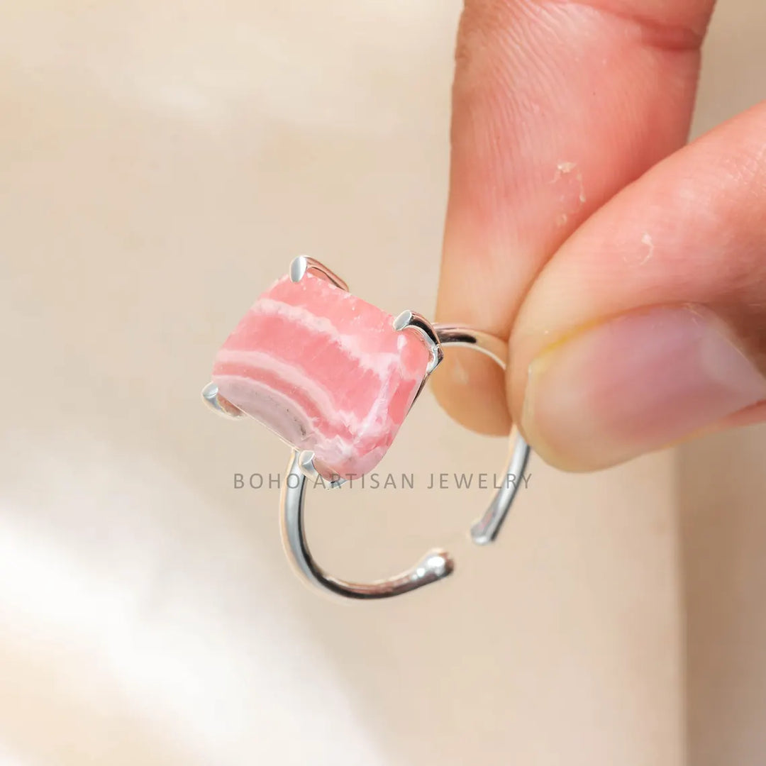 Adjustable Rhodochrosite Ring: 925 Sterling Silver Boho Jewelry