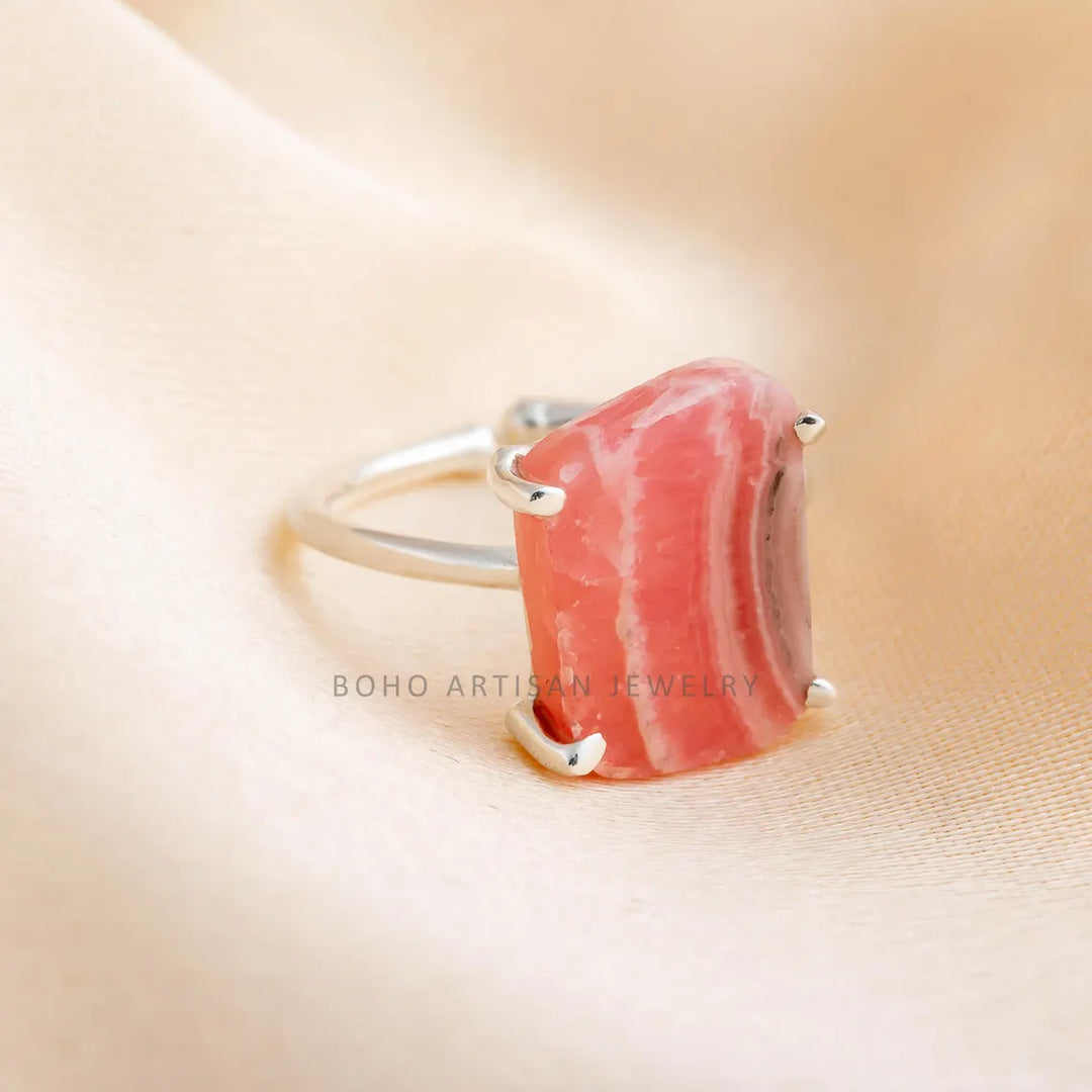 Adjustable Rhodochrosite Ring: 925 Sterling Silver Boho Jewelry