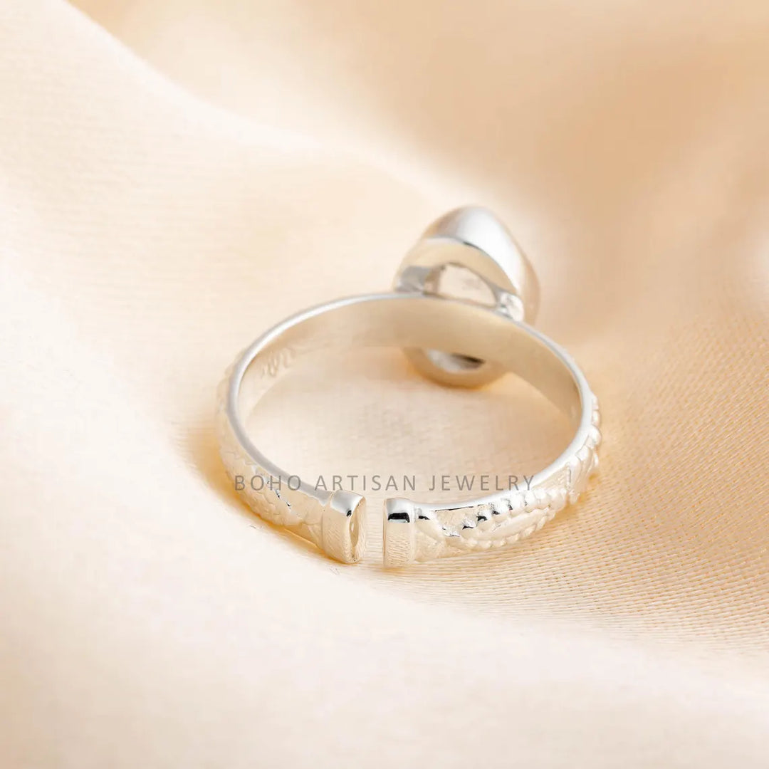 Raw Herkimer Diamond Ring: Sterling Silver Floral Band, Adjustable Boho Crystal