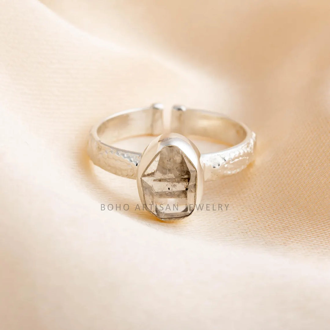Raw Herkimer Diamond Ring: Sterling Silver Floral Band, Adjustable Boho Crystal
