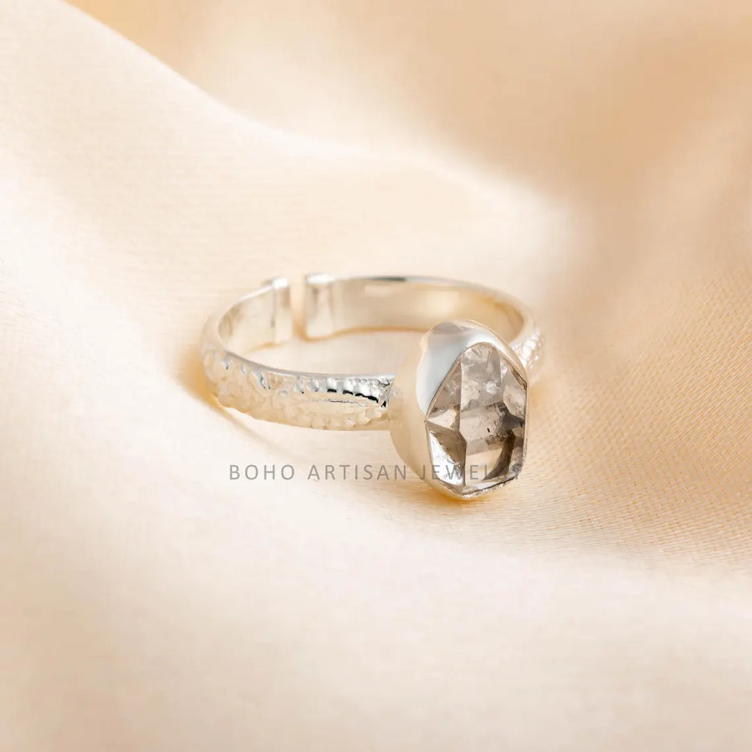 Raw Herkimer Diamond Ring: Sterling Silver Floral Band, Adjustable Boho Crystal