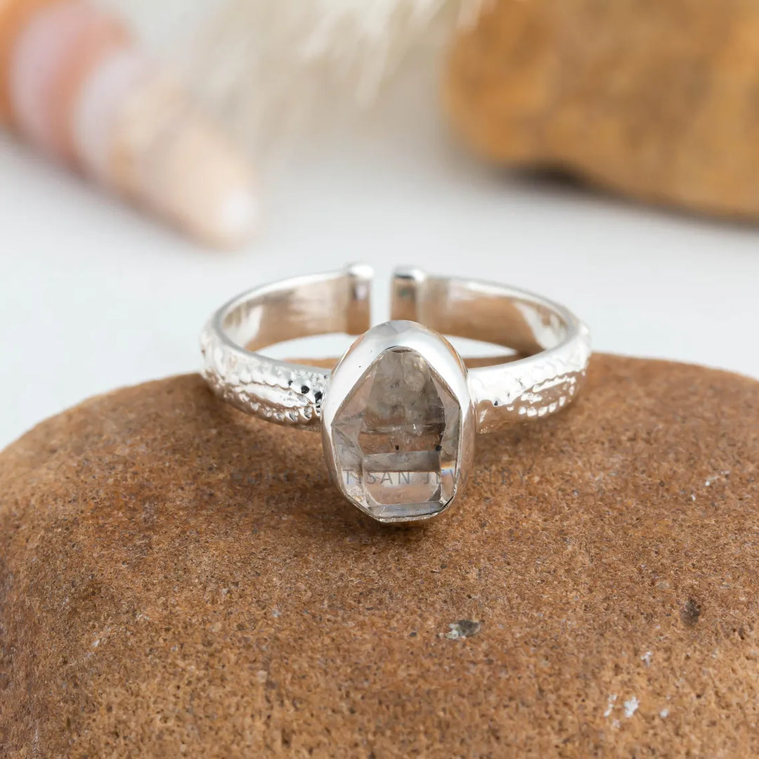 Raw Herkimer Diamond Ring: Sterling Silver Floral Band, Adjustable Boho Crystal