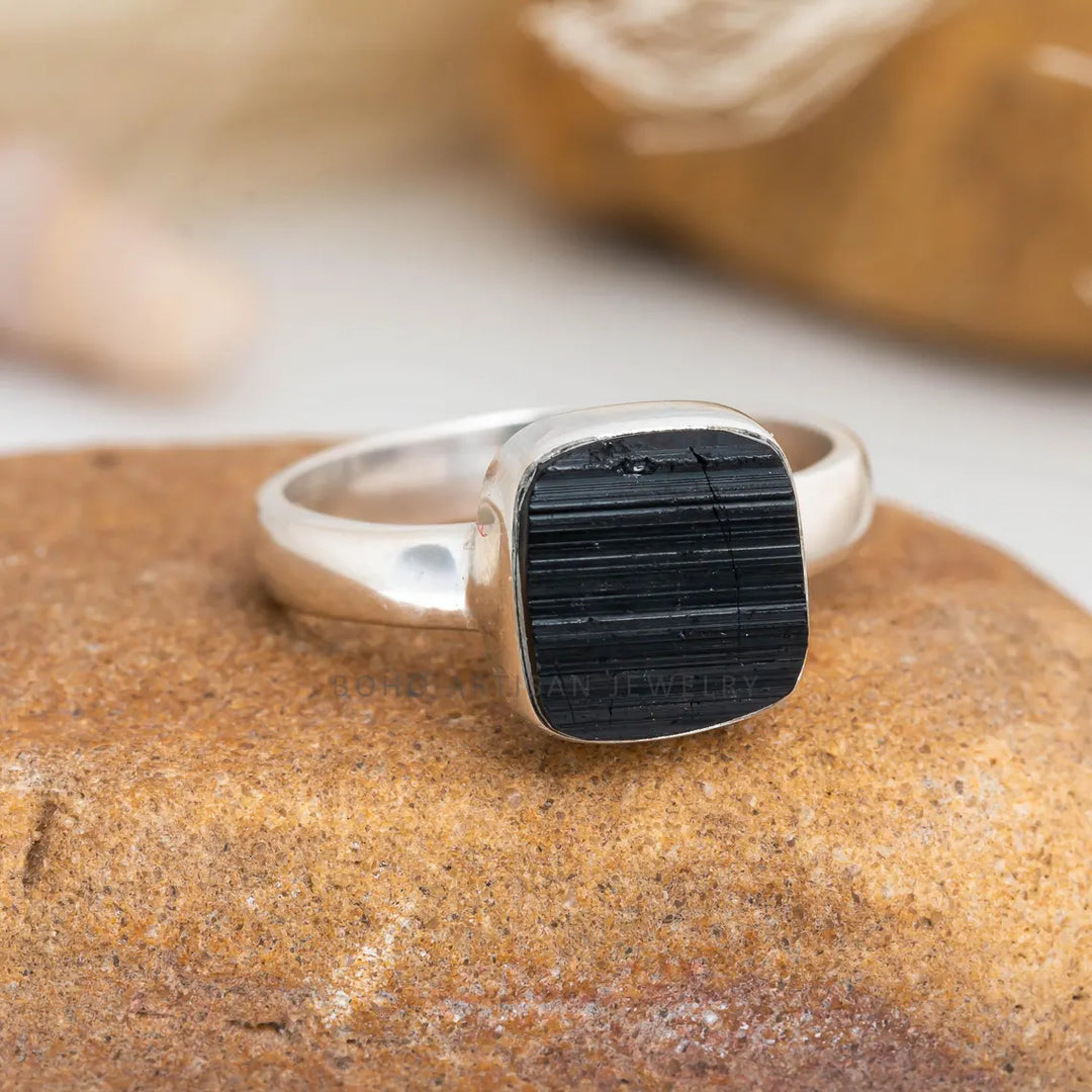 Raw Black Tourmaline Ring, 925 Sterling Silver Ring, Handmade Jewelry, Rough Stone, Black Protection Ring, October Birthstone, Gift For Her