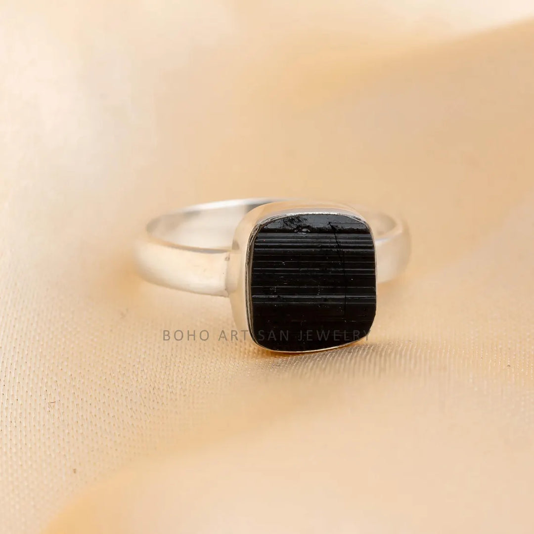 Raw Black Tourmaline Ring, 925 Sterling Silver Ring, Handmade Jewelry, Rough Stone, Black Protection Ring, October Birthstone, Gift For Her