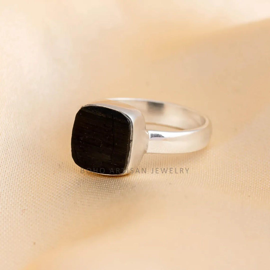 Raw Black Tourmaline Ring, 925 Sterling Silver Ring, Handmade Jewelry, Rough Stone, Black Protection Ring, October Birthstone, Gift For Her