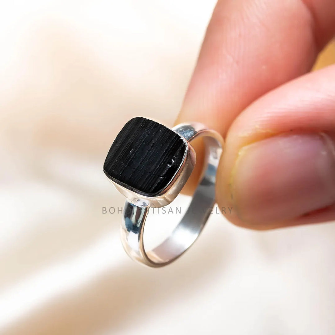 Raw Black Tourmaline Ring, 925 Sterling Silver Ring, Handmade Jewelry, Rough Stone, Black Protection Ring, October Birthstone, Gift For Her