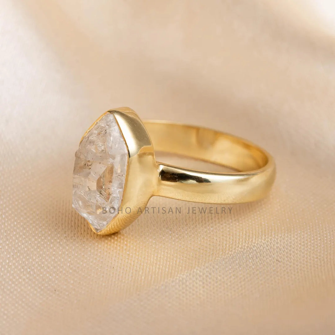 14k Gold Herkimer Diamond with Chevron Ring, Gold Plated Ring, Handmade Crystal Jewelry, Engagement Ring, Uncut Diamond Ring, Gift For Her