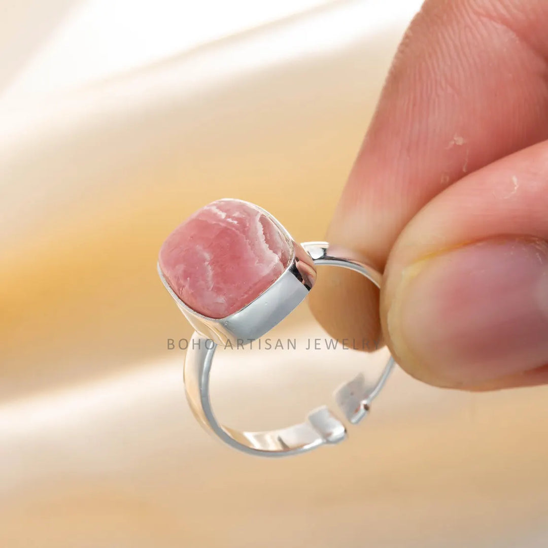 Rhodochrosite Ring: Adjustable Sterling Silver Boho Ring