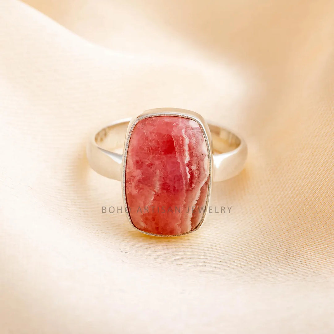 Rhodochrosite Ring: Adjustable Sterling Silver Boho Ring
