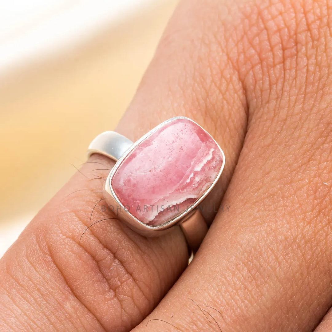 Rhodochrosite Ring: Adjustable Sterling Silver Boho Ring
