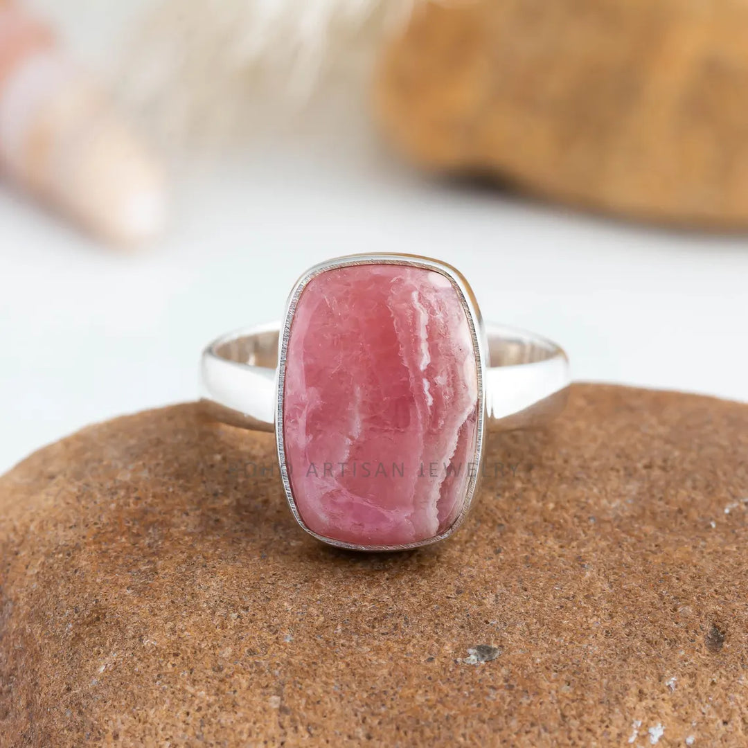 Rhodochrosite Ring: Adjustable Sterling Silver Boho Ring