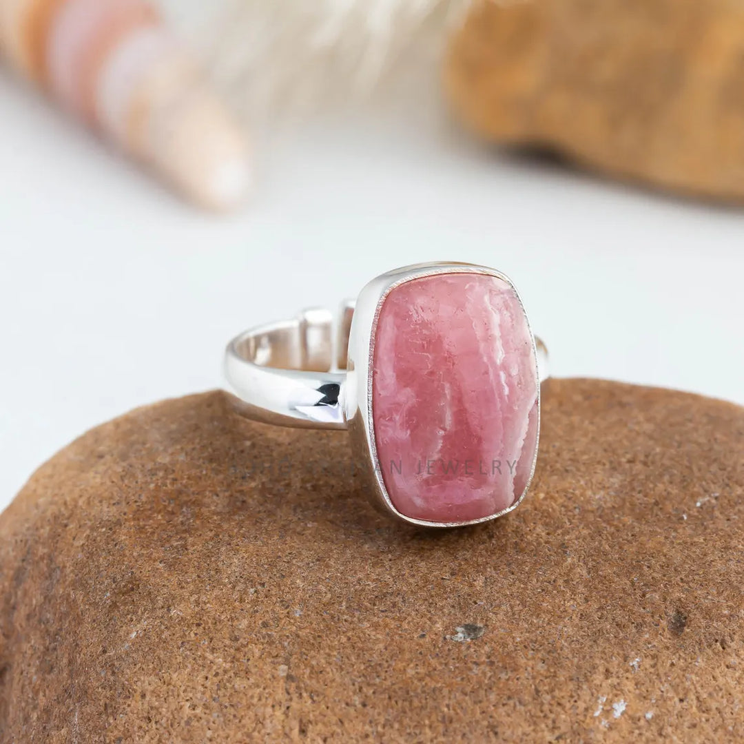 Rhodochrosite Ring: Adjustable Sterling Silver Boho Ring