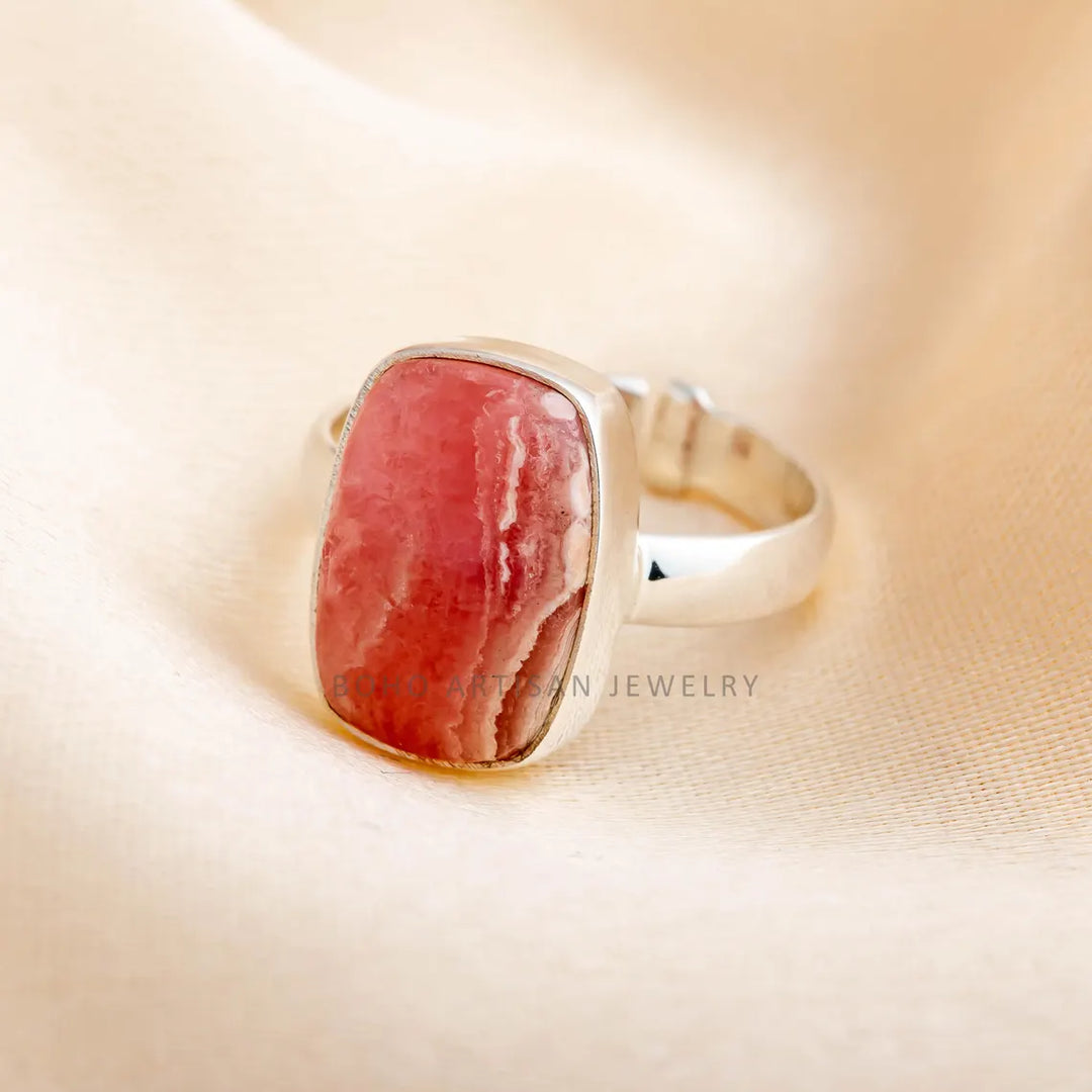 Rhodochrosite Ring: Adjustable Sterling Silver Boho Ring
