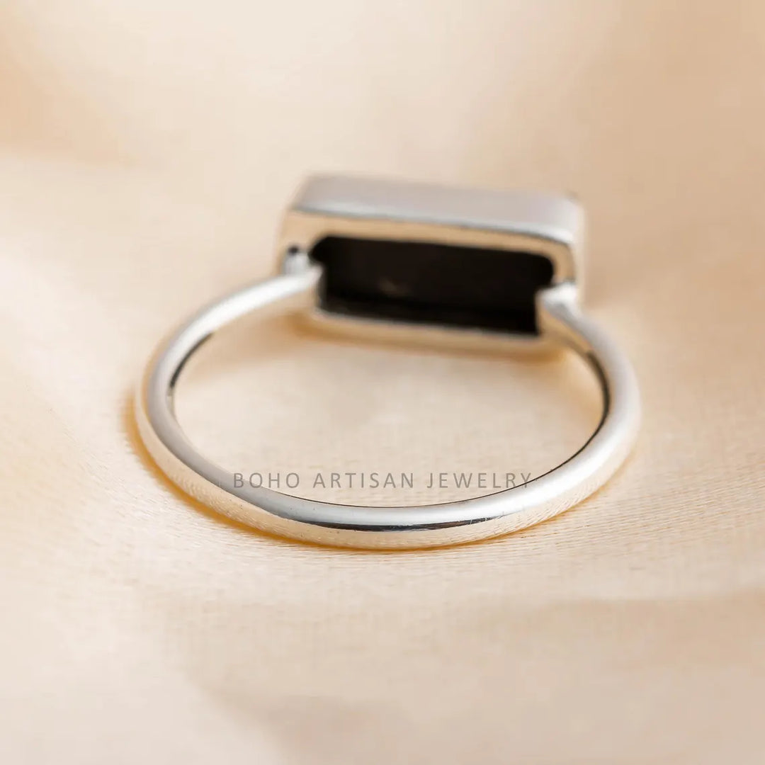 Raw Black Tourmaline Bar Ring: Sterling Silver Stackable Gemstone
