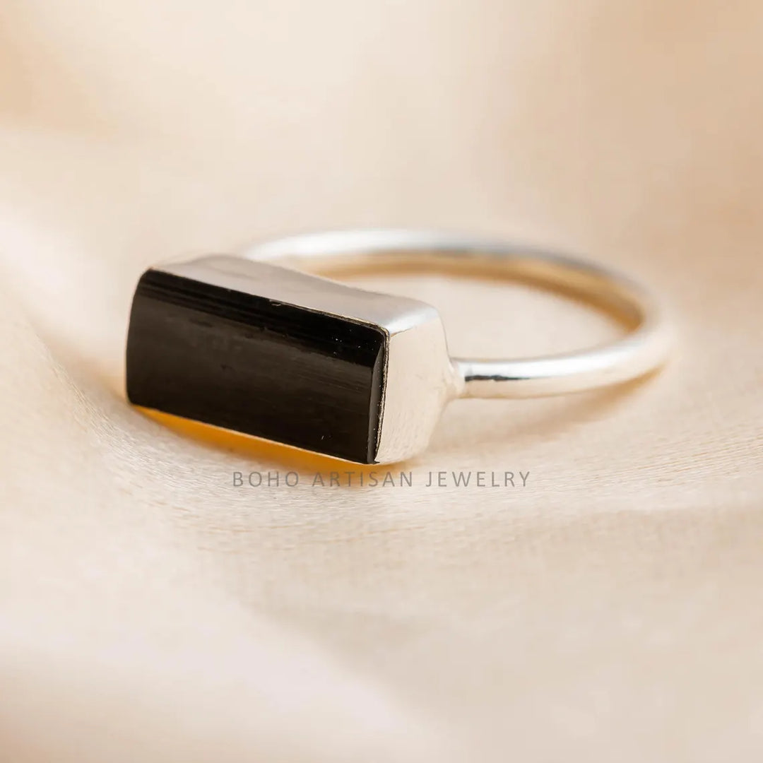Raw Black Tourmaline Bar Ring: Sterling Silver Stackable Gemstone