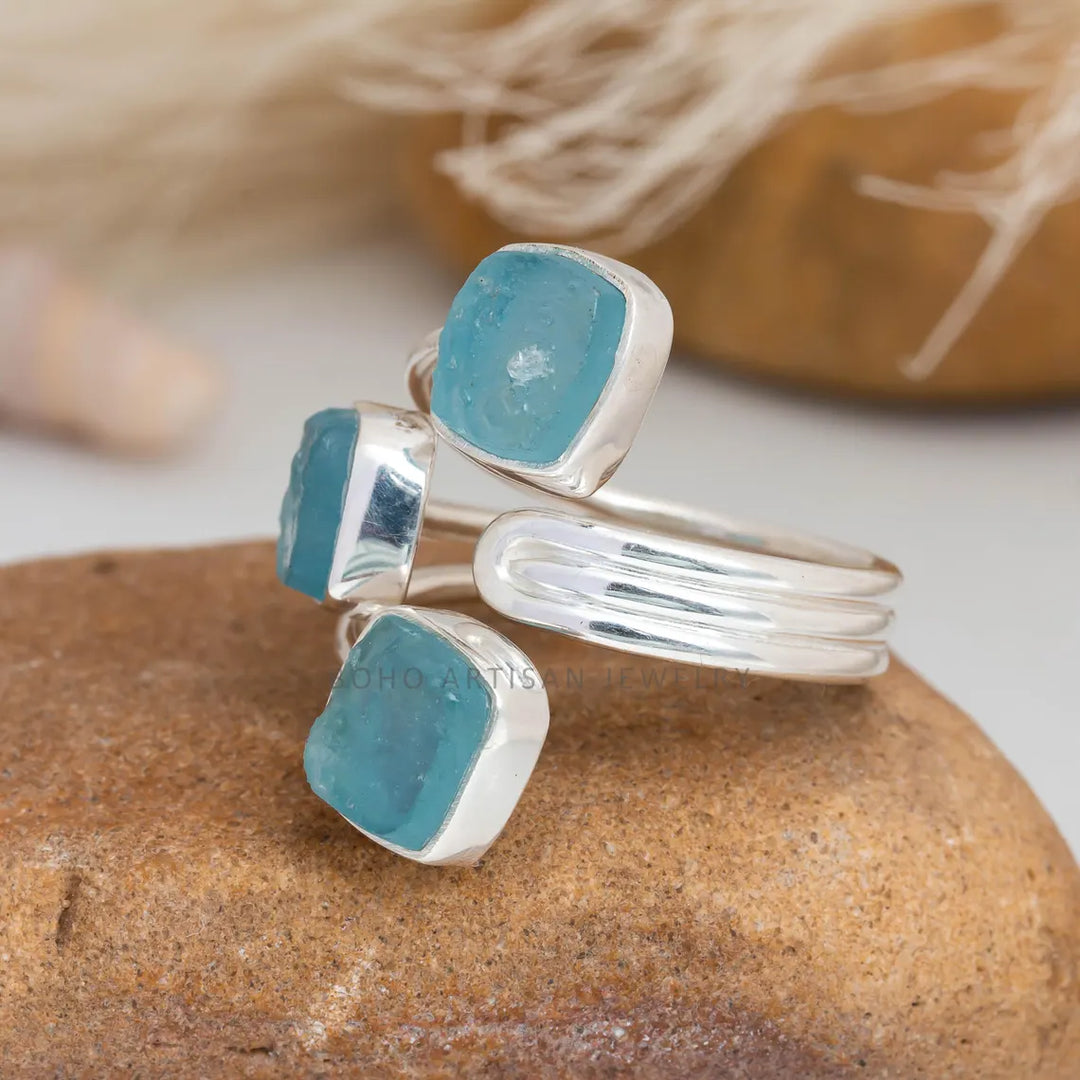 Raw Aquamarine Ring, Three Stone Ring, 925 Silver Jewelry, Adjustable Ring, Blue Gemstone Ring, March Birthstone Ring, Gift for Her