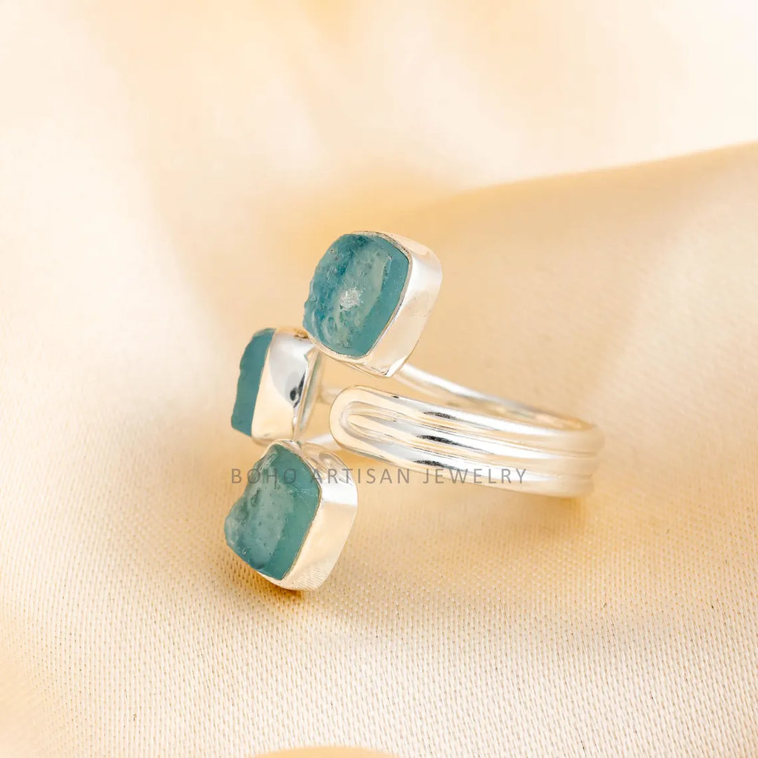 Raw Aquamarine Ring, Three Stone Ring, 925 Silver Jewelry, Adjustable Ring, Blue Gemstone Ring, March Birthstone Ring, Gift for Her