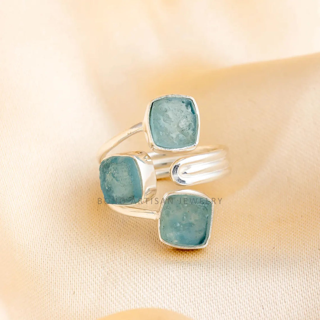 Raw Aquamarine Ring, Three Stone Ring, 925 Silver Jewelry, Adjustable Ring, Blue Gemstone Ring, March Birthstone Ring, Gift for Her