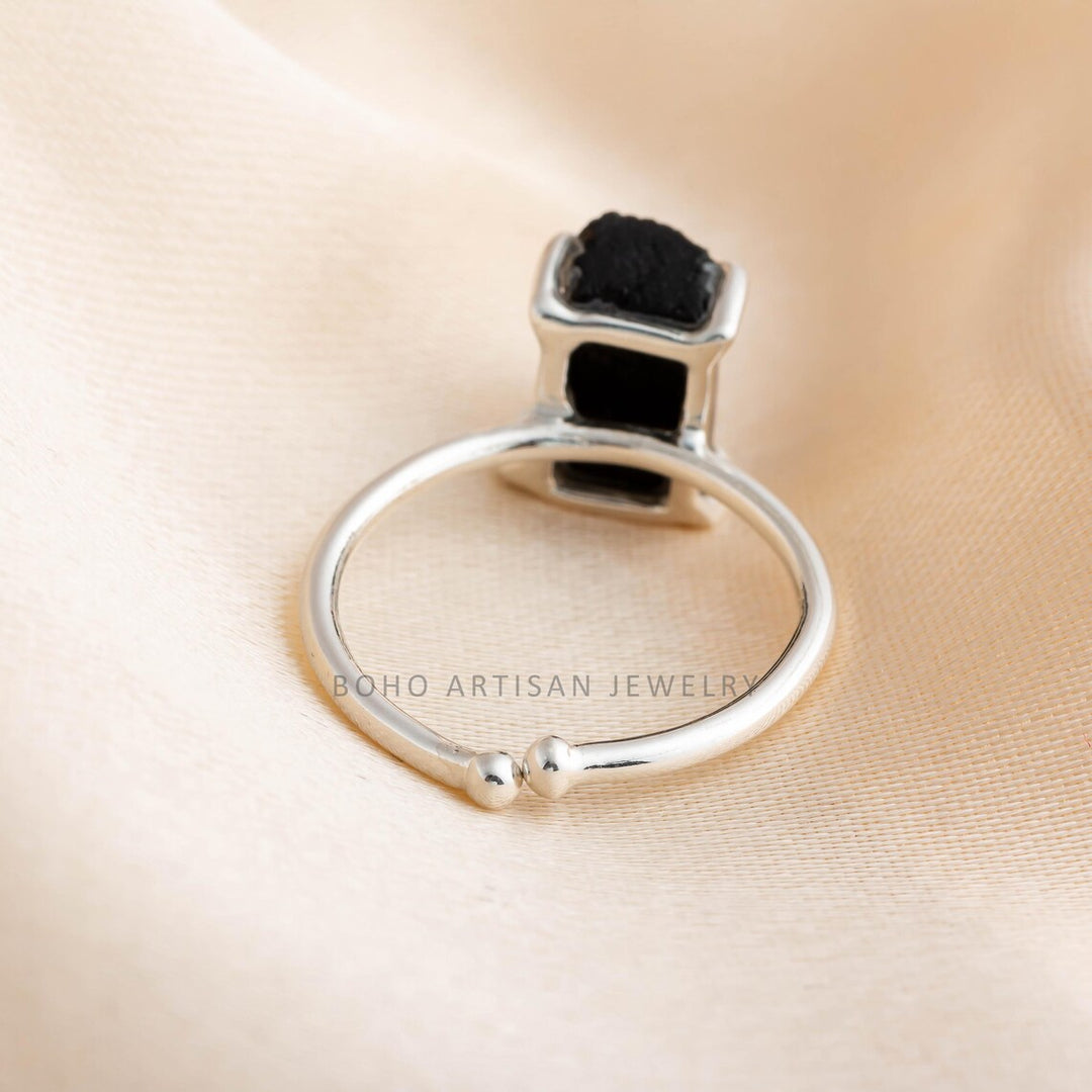 Black Tourmaline Ring: Raw Stone Adjustable Sterling Silver Boho Jewelry
