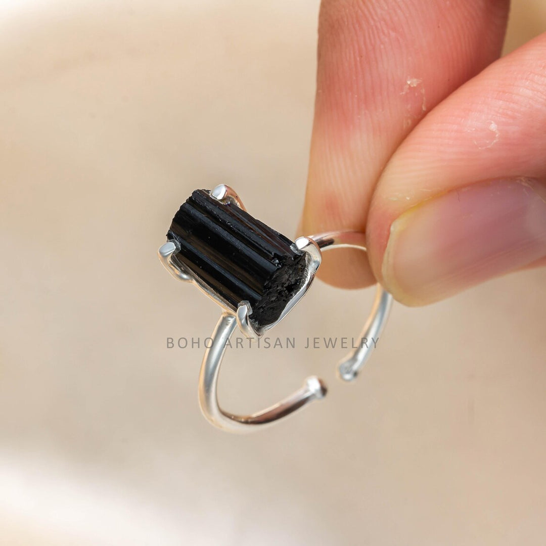Black Tourmaline Ring: Raw Stone Adjustable Sterling Silver Boho Jewelry