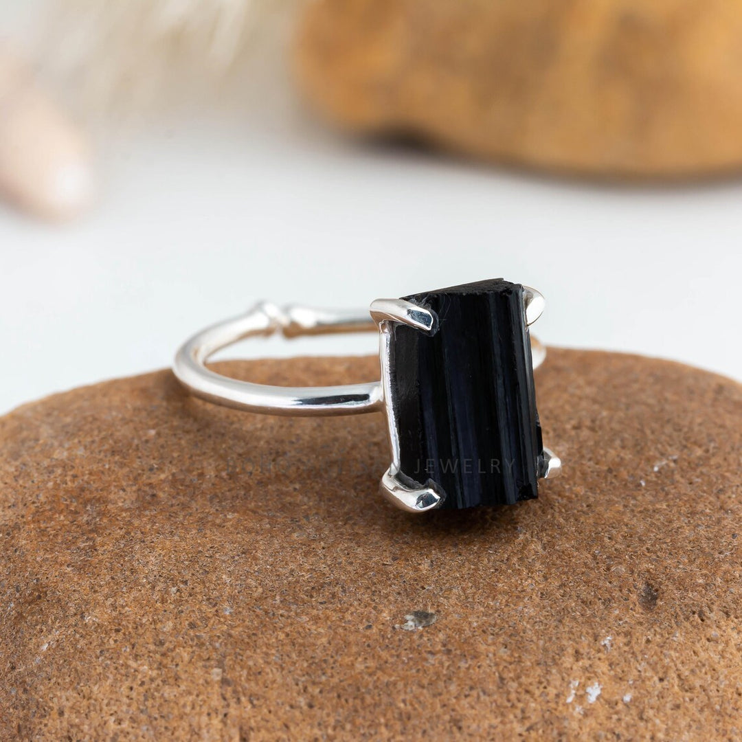 Black Tourmaline Ring: Raw Stone Adjustable Sterling Silver Boho Jewelry