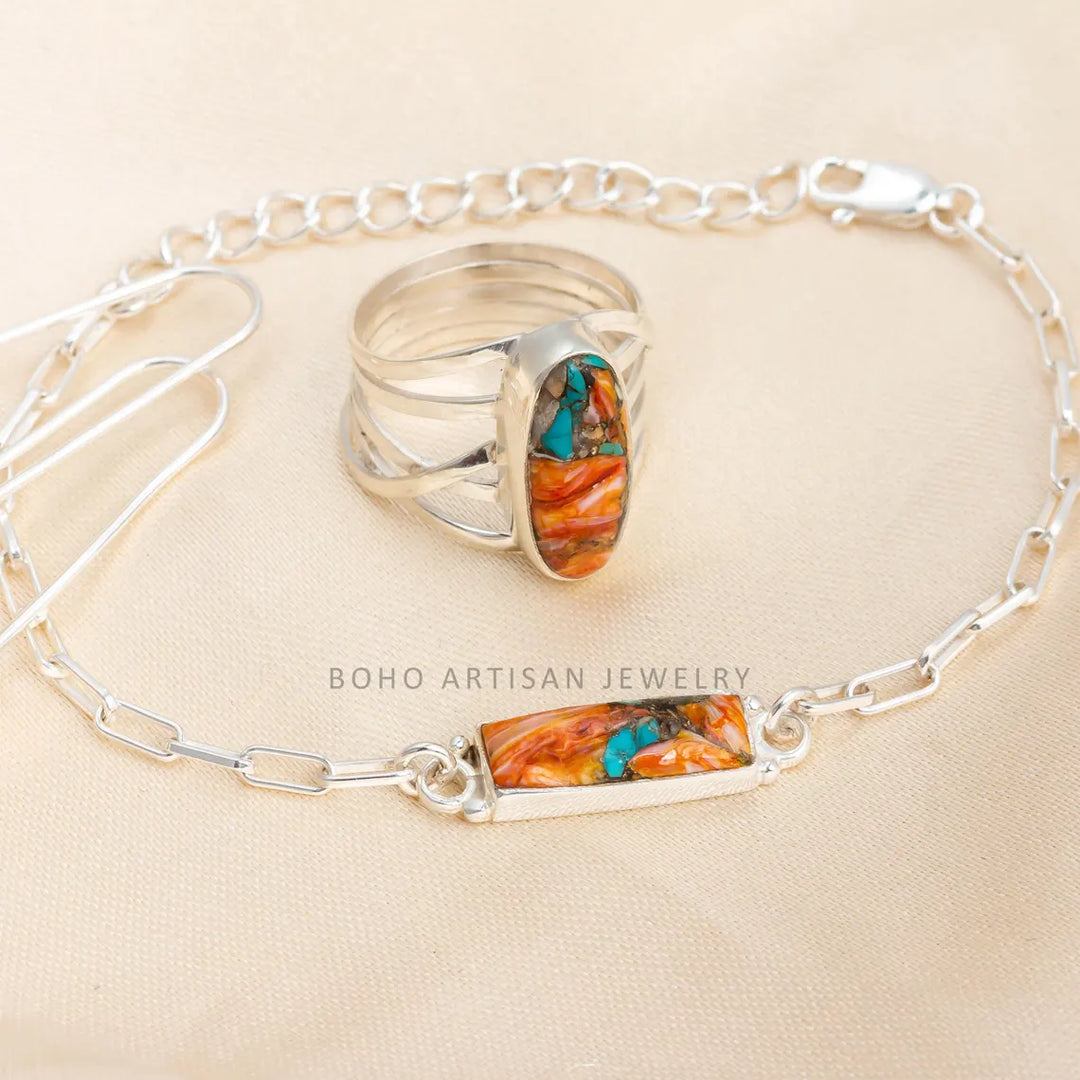 Oyster Turquoise Jewelry Set: Sterling Silver Earrings, Copper Ring, Bracelet