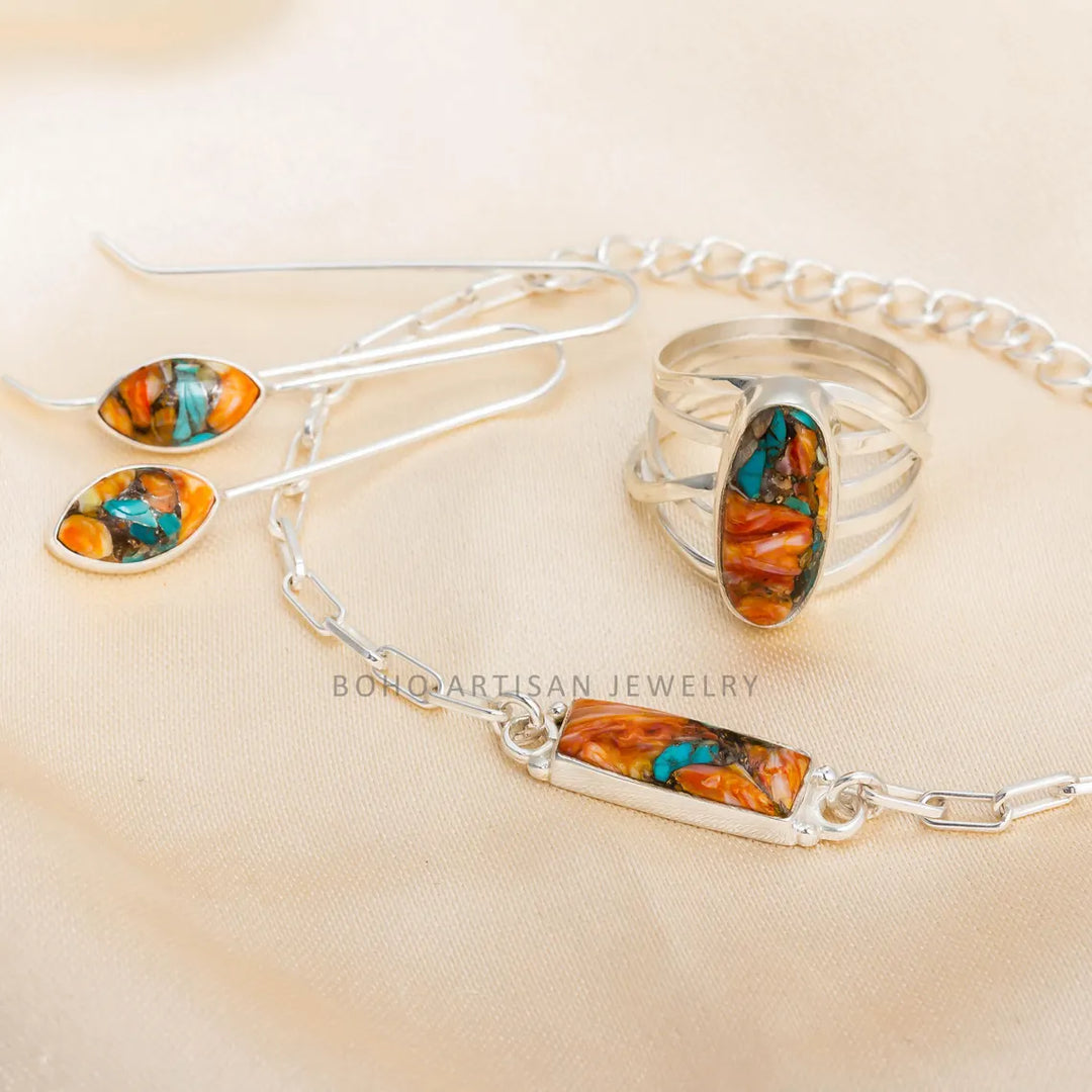 Oyster Turquoise Jewelry Set: Sterling Silver Earrings, Copper Ring, Bracelet