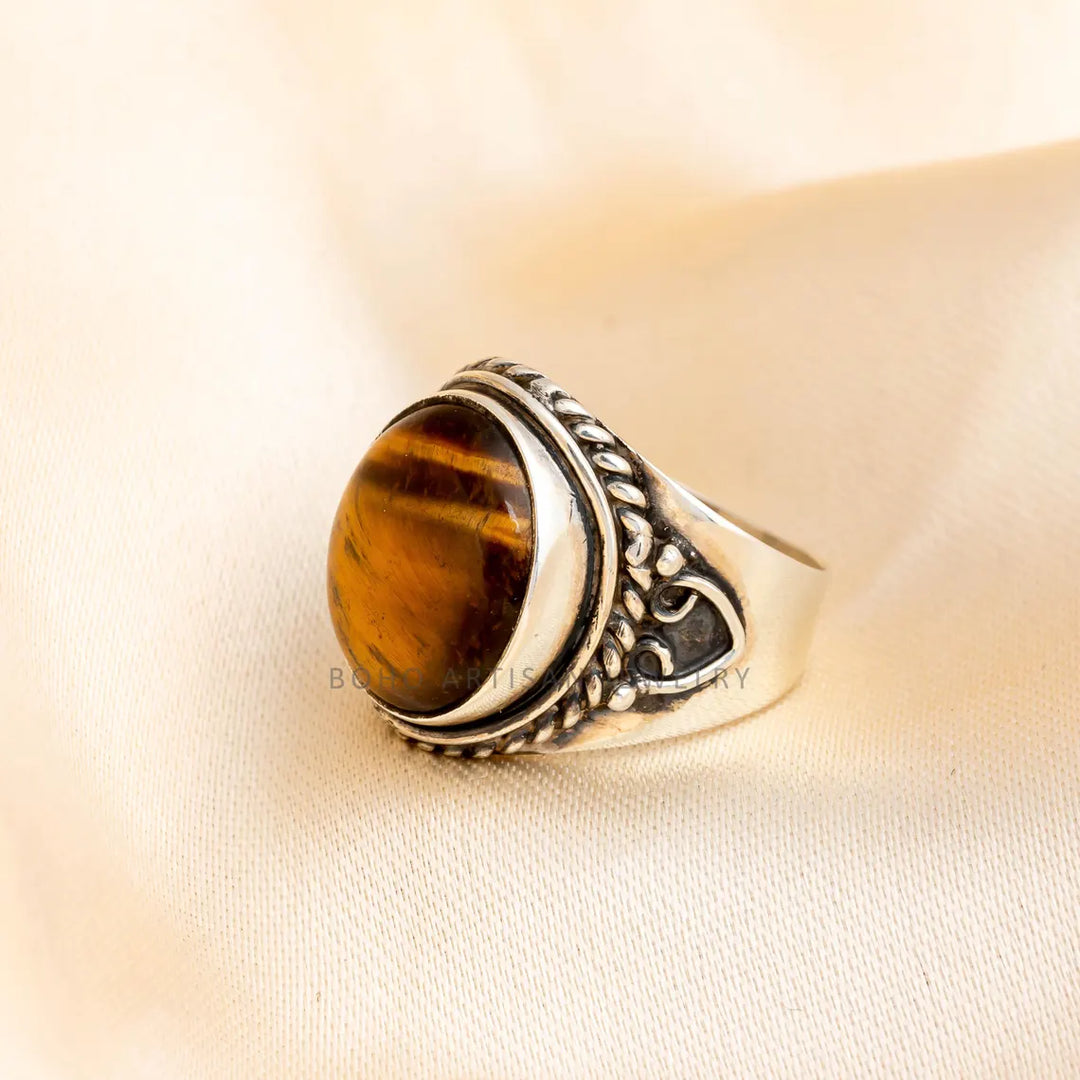 Tiger Eye Sterling Silver Ring: Adjustable Boho Statement Jewelry
