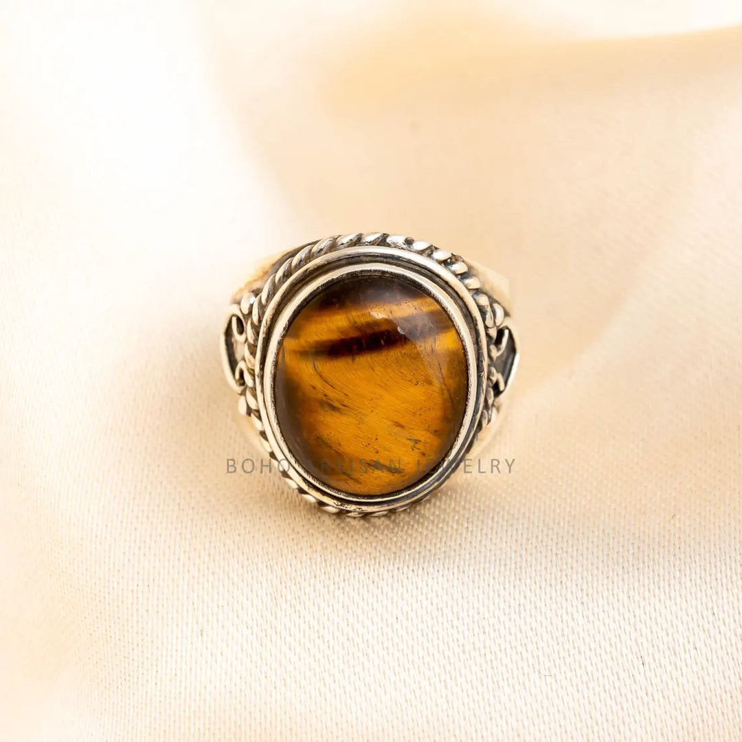 Tiger Eye Sterling Silver Ring: Adjustable Boho Statement Jewelry
