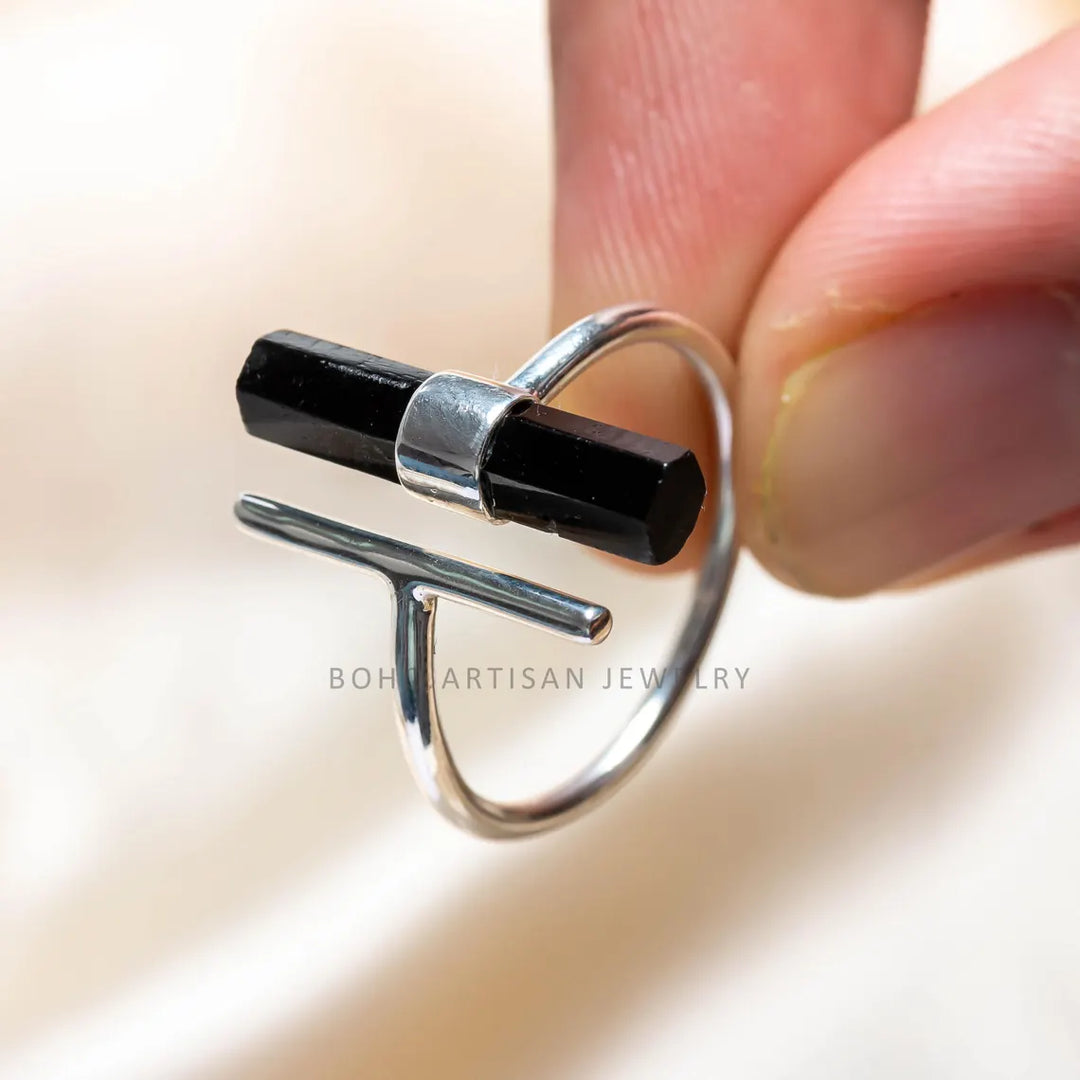 Raw Black Tourmaline Ring: Sterling Silver Adjustable Crystal Bar Ring