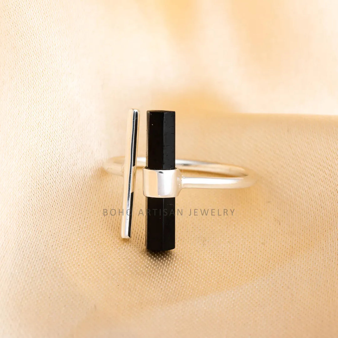 Raw Black Tourmaline Ring: Sterling Silver Adjustable Crystal Bar Ring