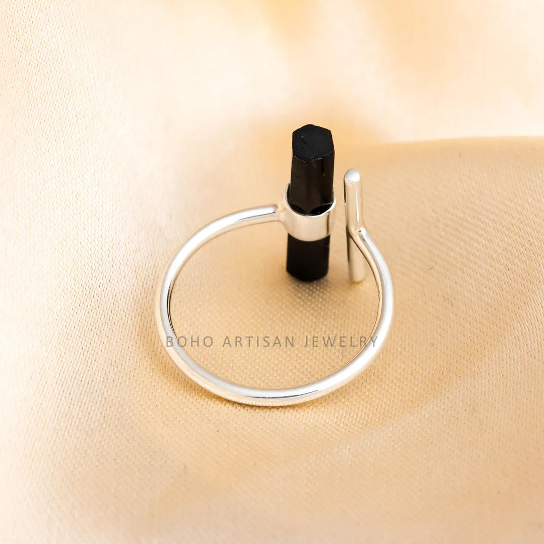 Raw Black Tourmaline Ring: Sterling Silver Adjustable Crystal Bar Ring