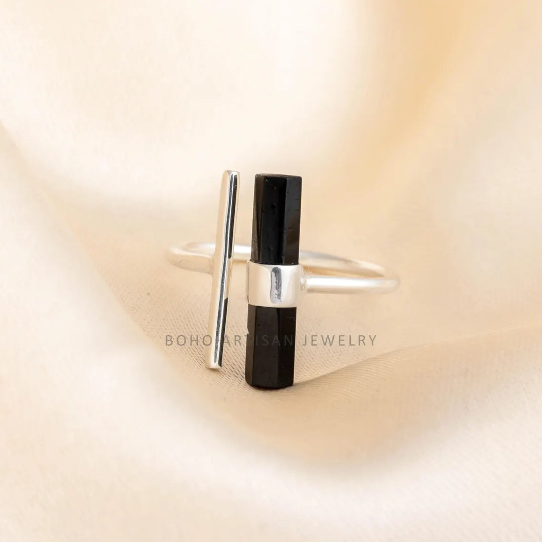 Raw Black Tourmaline Ring: Sterling Silver Adjustable Crystal Bar Ring