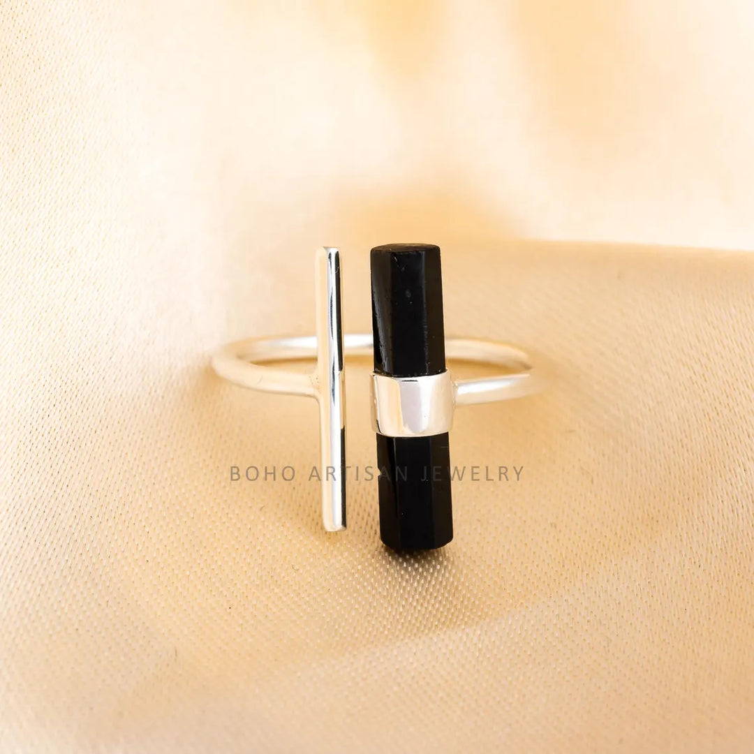 Raw Black Tourmaline Ring: Sterling Silver Adjustable Crystal Bar Ring