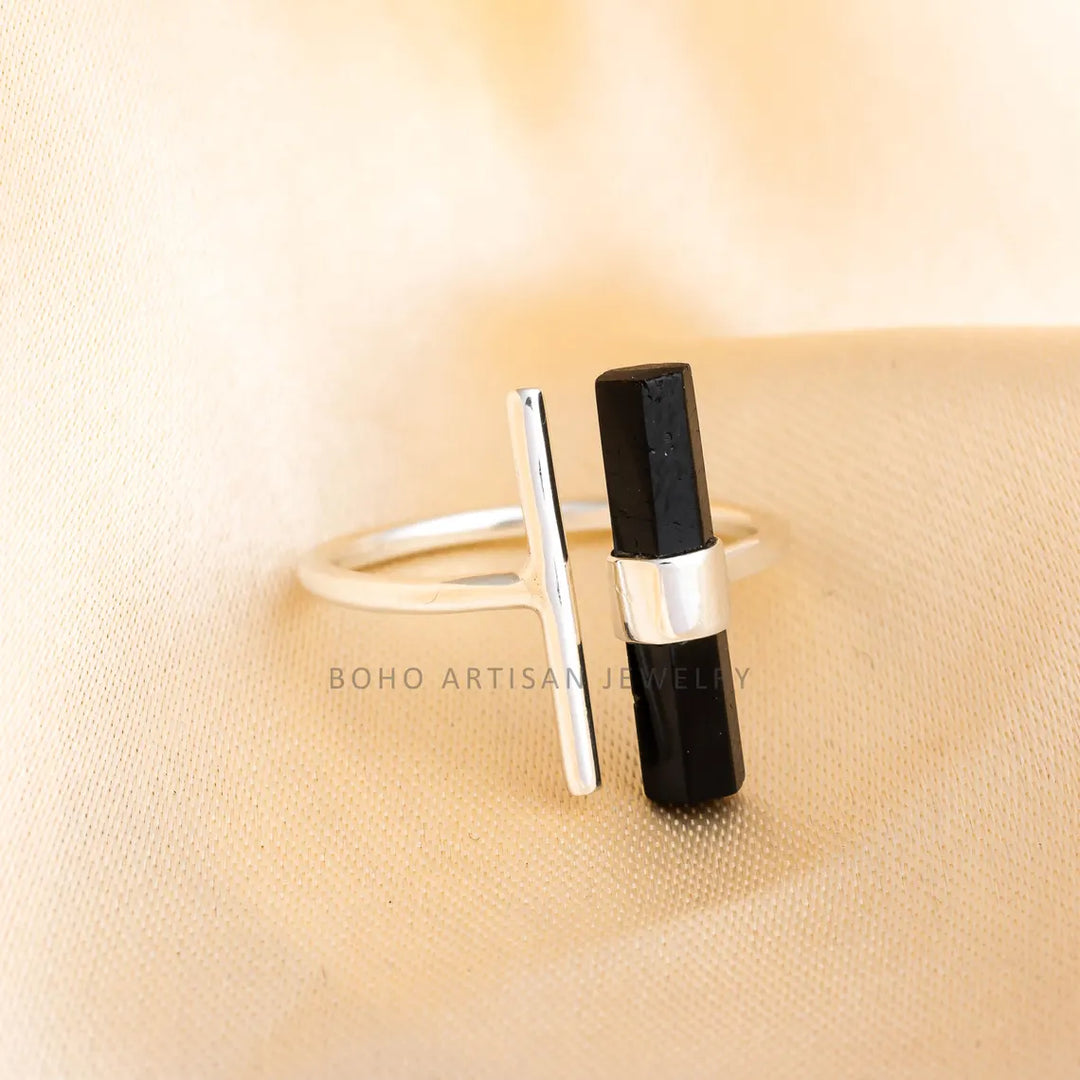 Raw Black Tourmaline Ring: Sterling Silver Adjustable Crystal Bar Ring
