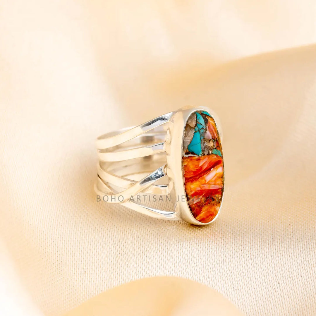 Oyster Copper Turquoise Ring: Handmade 925 Sterling Silver Boho Jewelry