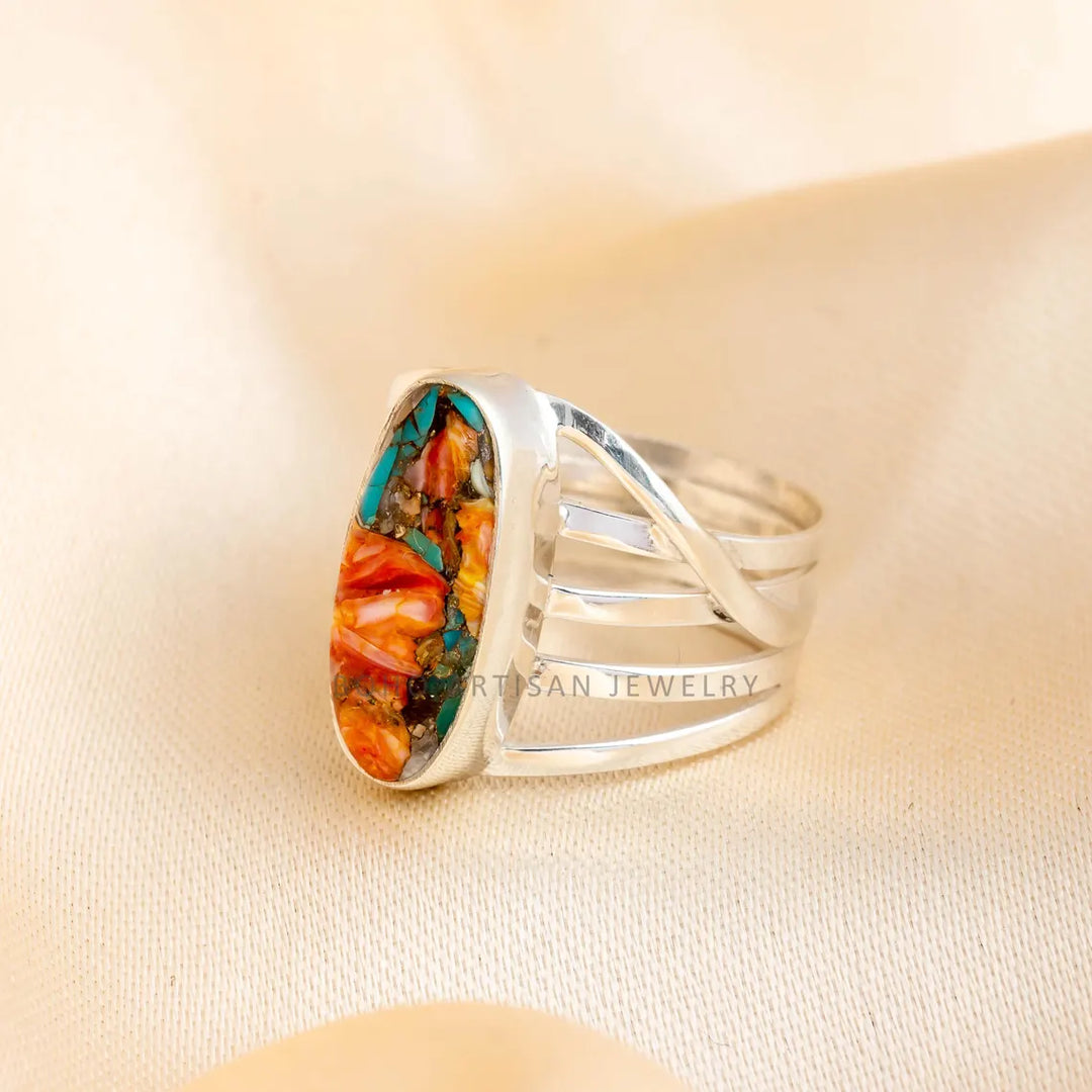 Oyster Copper Turquoise Ring: Handmade 925 Sterling Silver Boho Jewelry